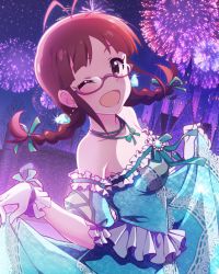 Rule 34 | 10s, 1girl, akizuki ritsuko, antenna hair, artist request, bare shoulders, bow, braid, breasts, brown eyes, brown hair, castle, collarbone, dress, earrings, fireworks, frills, glasses, gloves, hair ribbon, idolmaster, idolmaster (classic), idolmaster million live!, idolmaster million live! theater days, jewelry, lace, long hair, looking at viewer, necklace, night, night sky, off shoulder, official art, one eye closed, open mouth, outdoors, ribbon, skirt hold, sky, smile, solo, twin braids