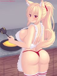 Rule 34 | 1girl, :q, animal ear fluff, animal ears, apron, ass, blonde hair, blush, breasts, cat ears, cat girl, cat tail, closed mouth, commentary, cooking, covered erect nipples, english commentary, food, from behind, frying pan, hair ornament, hair scrunchie, highres, large breasts, long hair, looking at viewer, looking back, nottytiffy, omelet, omurice, original, panties, ponytail, red eyes, red panties, red scrunchie, scrunchie, slit pupils, smile, solo, spatula, tail, thighhighs, thighs, tiffy (nottytiffy), tongue, tongue out, underwear, white apron, white thighhighs