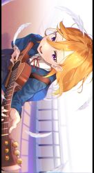Rule 34 | 1girl, absurdres, acoustic guitar, blue jacket, collared shirt, commentary request, dress, falling feathers, feathers, grey dress, guitar, highres, holding, holding instrument, instrument, jacket, long sleeves, looking at viewer, love live!, love live! superstar!!, medium hair, neck ribbon, open mouth, orange hair, outdoors, purple eyes, red ribbon, repurika, ribbon, school uniform, shibuya kanon, shirt, sideways, solo, teeth, upper body, upper teeth only, white shirt, winter uniform, yuigaoka school uniform