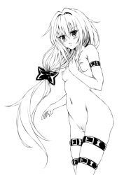 Rule 34 | 1girl, akage, bad id, bad pixiv id, blush, bow, breasts, derivative work, greyscale, hair bow, konjiki no yami, lineart, long hair, monochrome, navel, nipples, nude, pussy, small breasts, solo, thigh strap, to love-ru, uncensored