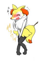 Rule 34 | 1girl, animal ears, animal hands, between legs, blush, braixen, closed eyes, creatures (company), embarrassed, fang, feet, female focus, flying sweatdrops, fox ears, fox tail, full body, furry, furry female, game freak, gen 6 pokemon, hand between legs, have to pee, knees together feet apart, nintendo, open mouth, own hands together, pigeon-toed, pokemon, pokemon (creature), pokemon xy, seiya mesu, simple background, solo, standing, stick, sweat, tail, tears, text focus, translation request, trembling, v arms, white background