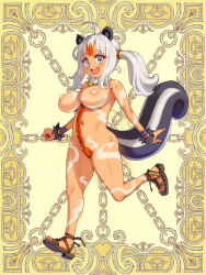 Rule 34 | 1girl, armlet, between breasts, bodypaint, braid, breasts, convenient censoring, covered erect nipples, full body, kerberos blade, large breasts, long hair, multicolored hair, navel, nude, official art, open mouth, orange hair, pasties, round teeth, ryoji (nomura ryouji), sandals, side ponytail, skunk ears, skunk tail, solo, teeth, white eyes, white hair, yellow background
