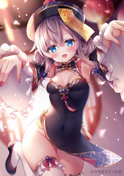Rule 34 | 1girl, :d, armpits, arms up, bare shoulders, black dress, black footwear, black headwear, blue eyes, breasts, cleavage cutout, clothing cutout, covered navel, detached sleeves, dress, frills, gold trim, groin, halloween, jiangshi, leg up, long hair, long sleeves, looking at viewer, mitsuba choco, no panties, ofuda, open mouth, original, pelvic curtain, reaching, reaching towards viewer, shoes, silver hair, small breasts, smile, solo, thighhighs, thighs, white thighhighs, wide sleeves