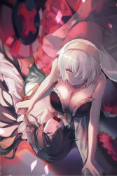 Rule 34 | 1boy, 1girl, bare shoulders, bite mark, black hair, blood, blood on clothes, blue eyes, blush, breasts, cleavage, dress, earrings, hair over one eye, hand on another&#039;s shoulder, hands on another&#039;s wrists, highres, jeanne (vanitas no carte), jewelry, large breasts, long hair, nana895, necklace, pearl necklace, red dress, restrained, shirt, short hair, silver hair, smile, vampire, vanitas (vanitas no carte), vanitas no carte, white shirt, yellow eyes