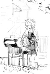 Rule 34 | 1boy, ahbeduo, albedo (genshin impact), alternate costume, apron, artist name, cooking, crocs, english text, food, full body, genshin impact, greyscale, grill, grilling, highres, male focus, meme, meme attire, monochrome, plate, sandals, short hair, sketch, solo