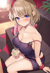 Rule 34 | 1girl, azur lane, bare shoulders, black camisole, black shorts, blonde hair, blush, breasts, camisole, can, closed mouth, collarbone, frilled shorts, frills, hair ornament, hair scrunchie, heavy breathing, holding, holding can, indoors, jewelry, lamp, large breasts, looking at viewer, one side up, pillow, plant, purple eyes, raised eyebrows, red scrunchie, scrunchie, shiny skin, short shorts, shorts, sitting, solo, strap gap, strap slip, sweat, swept bangs, thighs, underwear, wooden floor, wrist scrunchie, xe (execut3r), z23 (azur lane), z23 (keeper of the comf-fort) (azur lane)