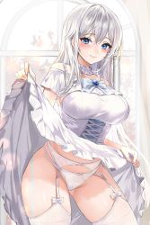 Rule 34 | 1girl, blue eyes, blush, breasts, clothes lift, dress, dress lift, garter belt, garter straps, highres, lillly, lingerie, looking at viewer, original, panties, seductive smile, smile, solo, thick thighs, thighhighs, thighs, underwear, white dress, white hair, white panties, white thighhighs, window