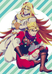 Rule 34 | armband, black nails, blonde hair, boots, brown footwear, clenched teeth, colored skin, crossed arms, dio brando, dual persona, egyptian clothes, facial mark, heaven ascended dio, jojo no kimyou na bouken, jojo no kimyou na bouken: eyes of heaven, kneeling, long hair, nail polish, purple skin, red eyes, sitting, smile, sokka (kbs), striped, striped background, sweatdrop, teeth, very long hair, wrist cuffs, yellow eyes