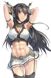 Rule 34 | 1girl, abs, armpits, arms behind head, black hair, blush, breasts, cleavage, closed mouth, commission, garter straps, headgear, highres, kantai collection, kokuzou, long hair, looking at viewer, medium breasts, metal belt, nagato (kancolle), navel, pleated skirt, red eyes, simple background, skeb commission, skirt, smile, solo, striped clothes, striped skirt, toned, white background, white skirt