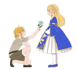 Rule 34 | 1boy, 1girl, aged down, arm up, blonde hair, blue dress, blue eyes, blue flower, blue footwear, blush, braid, brown footwear, brown shorts, child, closed mouth, crown braid, dress, eye contact, flat chest, flower, from side, green eyes, grey shirt, hair ornament, hair tie, hairclip, holding, holding flower, juliet sleeves, layered sleeves, link, long hair, long sleeves, looking at another, looking down, looking up, nintendo, on one knee, pantyhose, parted bangs, pointy ears, ponytail, princess zelda, profile, puffy sleeves, shijima (4jima), shirt, shoes, short hair, short sleeves, shorts, sidelocks, silent princess, simple background, standing, the legend of zelda, the legend of zelda: breath of the wild, white background, white pantyhose