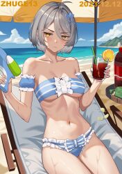Rule 34 | 1girl, absurdres, acacia (snowbreak), bandeau, bare shoulders, beach, bikini, blue nails, blush, bow, breasts, chair, chips (food), cup, detached sleeves, drink, drinking straw, fish hair ornament, food, fruit, grey hair, hair ornament, highres, holding, holding cup, jitome, lemon, looking at viewer, lounge chair, navel, puffy short sleeves, puffy sleeves, short hair, short sleeves, snowbreak: containment zone, solo, strapless, strapless bikini, swimsuit, tube top, water gun, weapon, yellow eyes, zhuge13