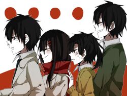 Rule 34 | 2boys, 2girls, black eyes, black hair, blazer, blue necktie, blush, cardigan, closed eyes, closed mouth, collared shirt, commentary, enomoto takane, enpera, from side, green cardigan, grey jacket, hair ornament, hairpin, hand on another&#039;s back, jacket, kagerou project, kisaragi shintarou, kokonose haruka, long hair, long sleeves, looking at another, messy hair, multiple boys, multiple girls, multiple hairpins, necktie, nervous, nervous smile, open mouth, outstretched arm, red background, red scarf, scarf, school uniform, shigunohito, shirt, short hair, smile, sweat, tateyama ayano, twintails, two-tone background, white background, white shirt, yellow cardigan