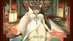 Rule 34 | 1girl, ;o, absurdres, animal ears, black hair, blue eyes, blunt bangs, breasts, china dress, chinese clothes, cleavage, dress, earrings, flower, fox ears, fox tail, garter straps, hair flower, hair ornament, highres, impossible clothes, indoors, jewelry, large breasts, long hair, looking at viewer, low-tied long hair, lying, mole, mole under eye, on back, one eye closed, original, panties, ponytail, sakakidani, solo, tail, thighhighs, underwear, white panties
