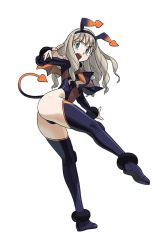 Rule 34 | 1girl, aqua eyes, ass, black thighhighs, blonde hair, demon tail, fake tail, full body, hairband, ishikawa hideki, long hair, long sleeves, lovers inose, official art, open mouth, ring dream, simple background, solo, tail, thighhighs, twisted torso, white background, wrestling outfit