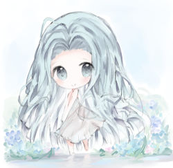 Rule 34 | 1girl, bad id, bad pixiv id, bare arms, bare shoulders, barefoot, blue eyes, blue flower, blue hair, blush, chibi, closed mouth, cottontailtokki, dress, flower, forehead, granblue fantasy, highres, long hair, lyria (granblue fantasy), parted bangs, sleeveless, sleeveless dress, smile, solo, standing, standing on one leg, very long hair, white dress
