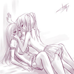 Rule 34 | 2girls, against wall, atomix, bare legs, blush, eye contact, female focus, glasses, long hair, looking at another, miniskirt, monochrome, multiple girls, open clothes, open shirt, panties, shirt, skirt, topless, underwear, yuri