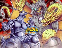 Rule 34 | armor, atari, claws, conjoined, cyborg, directed-energy weapon, dragon, energy, energy cannon, energy weapon, english text, extra tails, forked tongue, glowing, glowing eyes, godzilla: domination, godzilla (series), godzilla vs. king ghidorah, godzilla vs. mechagodzilla (1993), green eyes, highres, hydra, kaijuu, king ghidorah, laser cannon, mecha, mecha-king ghidorah, mechagodzilla, mouth cannon, multiple heads, no humans, no pupils, open mouth, pipeworks, prosthesis, prosthetic head, red eyes, roaring, robot, sharp teeth, solar panel, solar panel wings, tail, teeth, thomas johnson, tongue, wayforward, wings, yellow eyes