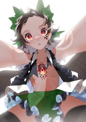 Rule 34 | 1girl, absurdres, areola slip, bird wings, black thighhighs, black wings, blush, breasts, brown eyes, brown hair, center frills, collared shirt, commentary request, cowboy shot, frilled shirt collar, frilled skirt, frills, from below, green skirt, highres, lens flare, long hair, looking at viewer, medium breasts, navel, ninniku (mfu7324), no bra, open clothes, open mouth, open shirt, pinned, pov, radiation symbol, reiuji utsuho, shirt, skirt, solo, thighhighs, third eye, touhou, white background, white shirt, wings