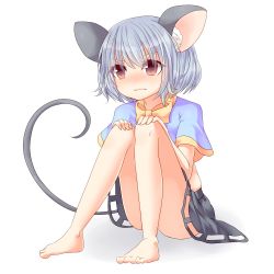 Rule 34 | 1girl, animal ears, bad id, bad pixiv id, bare legs, barefoot, blush, bow, capelet, censored, convenient censoring, female focus, grey hair, hands on own knees, koza, kozakura (dictionary), mouse ears, mouse tail, nazrin, no shirt, red eyes, short hair, sitting, skirt, solo, tail, touhou