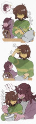 Rule 34 | 1girl, 1other, :o, :|, absurdres, androgynous, antenna hair, arms behind back, bowl, brown hair, child, closed mouth, colored skin, corogarucoromo, covered eyes, cropped torso, deltarune, facing viewer, furry, furry female, green sweater, grey shirt, grin, hair over eyes, hand on another&#039;s hand, hand up, highres, holding, holding whisk, jacket, kris (deltarune), long sleeves, medium hair, motion lines, open mouth, own hands clasped, own hands together, pink jacket, pink skin, purple hair, sequential, shaded face, sharp teeth, shirt, short hair, simple background, smile, stirring, susie (deltarune), sweater, teeth, thought bubble, translation request, upper body, whisk, white background