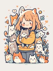 Rule 34 | 1girl, animal, animal ear fluff, animal ears, artist request, bird, black eyes, blonde hair, blush stickers, cat, cat ears, closed mouth, cloud print, flower, grey background, grey pants, heart, highres, holding, holding animal, holding cat, jacket, leaf, long sleeves, looking at viewer, original, pants, red flower, short hair, smile, solid oval eyes, source request, spoken heart, sweater jacket, third-party source, yellow jacket
