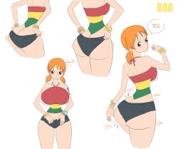 Rule 34 | 1girl, ass, breasts, butt crack, covered erect nipples, highres, huge ass, large breasts, nami (one piece), one piece, one piece: strong world, short shorts, shorts, solo