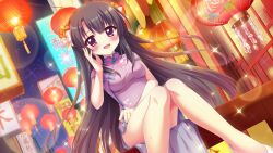 Rule 34 | 1girl, architecture, bare legs, billboard, black hair, blush, bow, breasts, china dress, chinese clothes, city, dress, dutch angle, east asian architecture, film grain, floral print, game cg, hair bow, hair ornament, hand on own face, ichikishima mizuha, izumi tsubasu, lantern, lens flare, long hair, looking at viewer, medium breasts, night, night sky, non-web source, official art, open mouth, paper lantern, purple dress, purple eyes, re:stage!, short sleeves, sitting, sky, smile, solo, sparkle, star (sky), starry sky, straight hair, very long hair, white bow, white footwear