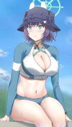Rule 34 | 1girl, absurdres, aqua eyes, bikini, bikini bottom only, blue archive, blue sky, breasts, bucket hat, cleavage, cloud, day, facing viewer, frown, halo, hat, highres, large breasts, looking to the side, navel, outdoors, purple hair, rash guard, saki (blue archive), saki (swimsuit) (blue archive), short hair, sitting, sky, solo, stomach, swimsuit, tacticsalt, thighs