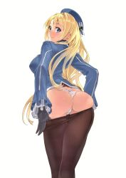 Rule 34 | 1girl, absurdres, ass, atago (kancolle), beret, blonde hair, blue eyes, blush, bow, bow panties, breasts, closed mouth, clothes pull, detached sleeves, from behind, gloves, hat, highres, kantai collection, large breasts, long hair, long sleeves, looking at viewer, looking back, panties, pantyhose, pantyhose pull, pulled by self, scan, simple background, smile, solo, thighs, underwear, white panties, yahako