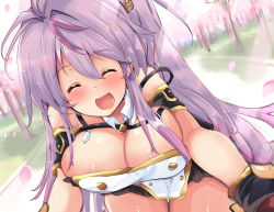Rule 34 | 1girl, azur lane, bare shoulders, blush, breasts, buttons, cherry blossoms, cleavage, closed eyes, commentary request, double-breasted, dress, facing viewer, gloves, grenville (azur lane), hair between eyes, hair ornament, large breasts, light beam, long hair, multicolored hair, one side up, open mouth, outdoors, purple hair, sidelocks, sleeveless, sleeveless dress, solo, strapless, strapless dress, swept bangs, tonchinkan, tree, two-tone hair, very long hair