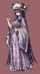 Rule 34 | 1girl, 2b-ge, book, crescent, crescent hat ornament, dress, finger gun, full body, hat, hat ornament, hat ribbon, highres, holding, holding book, long dress, long hair, looking at viewer, mob cap, one-hour drawing challenge, patchouli knowledge, pointing, purple dress, purple eyes, purple hair, red ribbon, ribbon, simple background, solo, standing, striped clothes, striped dress, touhou, very long hair, very long sleeves, wide sleeves