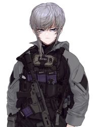 Rule 34 | 1girl, alma01, assault rifle, balisong, blue eyes, bulletproof vest, cellphone, english text, grey hair, gun, highres, holster, holstered, jacket, knife, magazine (weapon), original, phone, radio, rifle, scar, scar on face, short hair, sig mcx, smartphone, solo, tactical clothes, weapon, white background