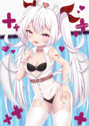 Rule 34 | 1girl, :d, azur lane, bikini, bikini under clothes, black bikini, blurry, blurry background, blush, breasts, cleavage, commentary request, depth of field, dress, fang, garter straps, hair between eyes, hair ribbon, half-closed eyes, hand on own hip, hat, heart, highres, long hair, nurse cap, open mouth, red eyes, red ribbon, ribbon, satori (ymoy), small breasts, smile, solo, swimsuit, thighhighs, twintails, vampire (azur lane), vampire (little devil in white) (azur lane), very long hair, white dress, white hair, white hat, white thighhighs, white wings, wings