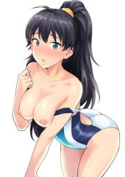 Rule 34 | 1girl, antenna hair, arched back, ass, black hair, blue eyes, blush, breasts, clothes pull, competition swimsuit, ganaha hibiki, highres, idolmaster, idolmaster (classic), long hair, looking at viewer, medium breasts, nipples, off shoulder, one-piece swimsuit, one-piece swimsuit pull, open mouth, ponytail, scrunchie, simple background, solo, swimsuit, tsurui, white background