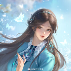Rule 34 | 1girl, artist request, blue dress, blue eyes, blue sky, braid, brown hair, bug, butterfly, closed mouth, collar, douluo dalu, dress, expressionless, frilled collar, frills, glowing butterfly, hairband, highres, insect, long hair, looking to the side, ning rongrong (douluo dalu), second-party source, sky, smile, solo, sparkle, upper body