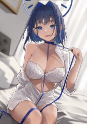 Rule 34 | 1girl, absurdres, archinoer, bed, blue eyes, blue hair, blurry, bow, bow earrings, bra, breasts, choker, cleavage, collarbone, depth of field, earrings, eyebrows hidden by hair, fangs, fingernails, hair intakes, halo, highres, hololive, hololive english, jewelry, large breasts, light smile, lingerie, looking at viewer, mechanical halo, medium breasts, nail polish, neck ribbon, off shoulder, open clothes, open shirt, ouro kronii, parted lips, pillow, ribbon, shirt, short hair, sitting, smile, solo, unbuttoned, unbuttoned shirt, underwear, undressing, virtual youtuber, white bra, white shirt