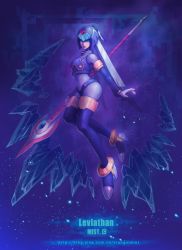 Rule 34 | 1girl, android, blue eyes, blue hair, gloves, helmet, highres, ice, fairy leviathan (mega man), matching hair/eyes, polearm, mega man (series), mega man zero (series), solo, thighhighs, weapon, xiaoguimist