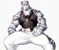 Rule 34 | 1boy, animal ears, arknights, bara, chain, chain necklace, furry, furry male, highres, jewelry, large pectorals, maiyabuhantang, male focus, mountain (arknights), muscular, muscular male, necklace, pectorals, scar, scar across eye, scar on face, solo, spread legs, thighs, tiger boy, tiger ears, white fur