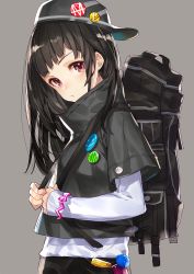Rule 34 | 1girl, backpack, backwards hat, bag, baseball cap, black hair, black pants, closed mouth, cowboy shot, from side, grey background, hat, hat pin, highres, charm (object), long hair, long sleeves, looking at viewer, looking to the side, mika pikazo, original, pants, red eyes, shirt, simple background, solo, standing, white shirt