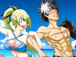 Rule 34 | 1boy, 1girl, :o, bad id, bad pixiv id, bikini, black hair, blush, clenched teeth, elsword, eve (elsword), green eyes, green hair, locked arms, long hair, mechanical arms, multicolored hair, muscular, pointy ears, ponytail, raven cronwell, reckless fist (elsword), rena erindel, scar, single mechanical arm, spiked hair, swimsuit, teeth, topless male, two-tone hair, umikawa torao, when you see it, white hair, wind sneaker (elsword), yellow eyes