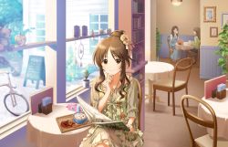 Rule 34 | 10s, 3girls, bicycle, bird, birdcage, book, brown hair, cage, camera, chair, coffee, cookie, cup, drape, drawing (object), drinking, faceless, food, hair ornament, hand on own chin, idolmaster, idolmaster cinderella girls, idolmaster cinderella girls starlight stage, indoors, jewelry, jpeg artifacts, light smile, long hair, looking at viewer, menu board, multiple girls, necklace, official art, plant, ponytail, potted plant, saucer, shelf, sitting, smile, solo focus, stuffed animal, stuffed toy, sun, table, tablecloth, takamori aiko, teddy bear, window, wooden floor, yellow eyes