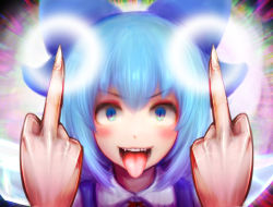 Rule 34 | 1girl, benikurage (cookie), blue bow, blue eyes, blue hair, blush, bow, cirno, collared shirt, commentary request, cookie (touhou), double middle finger, fangs, hair between eyes, hair bow, ice, ice wings, khn (kihana), looking at viewer, middle finger, neck ribbon, open mouth, portrait, red ribbon, ribbon, shirt, short hair, slit pupils, smile, solo, teeth, tongue, tongue out, touhou, white shirt, wings