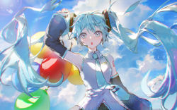 Rule 34 | 1girl, absurdres, arm up, armpits, balloon, bare shoulders, black skirt, black sleeves, blue eyes, blue hair, blue necktie, blue sky, cloud, cloudy sky, collared shirt, commentary request, day, detached sleeves, hatsune miku, highres, long hair, long sleeves, looking at viewer, necktie, outdoors, parted lips, pino ko, shirt, skirt, sky, sleeveless, sleeveless shirt, sleeves past wrists, solo, tie clip, twintails, very long hair, vocaloid, white shirt, wide sleeves