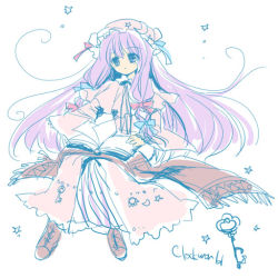 Rule 34 | 1girl, book, female focus, flat color, full body, patchouli knowledge, purple hair, ribbon, simple background, sketch, solo, torii sumi, touhou