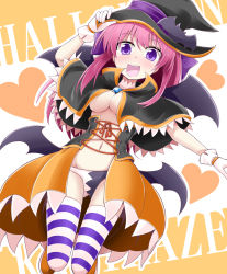 Rule 34 | 1girl, bat wings, breasts, bubble skirt, capelet, fang, fingerless gloves, gloves, gluteal fold, halloween, hat, ichimi, japanese clothes, kamikaze (kancolle), kantai collection, long hair, looking at viewer, no bra, open mouth, pink hair, purple eyes, skirt, smile, solo, striped clothes, striped thighhighs, thighhighs, two-tone panties, underboob, wings, witch hat