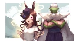 Rule 34 | 1boy, 1girl, animal ears, black hair, black hat, blue pants, cape, closed mouth, colored skin, crossover, dragon ball, fingernails, flower, full body, green skin, hair over one eye, hat, hat flower, horse ears, long hair, looking at viewer, male focus, muscular, muscular male, name connection, open mouth, pants, piccolo, pointy ears, purple flower, purple hat, purple rose, rice shower (umamusume), rose, serious, shiburingaru, shirt, short sleeves, smile, solo, standing, tilted headwear, turban, umamusume, white shirt