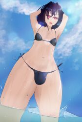 Rule 34 | 1boy, androgynous, bikini, bulge, crossdressing, highres, looking at viewer, male focus, navel, original, outdoors, penis in swimsuit, pink eyes, ponytail, sigmaoverlord, standing, swimsuit, thick thighs, thighs, trap, wet