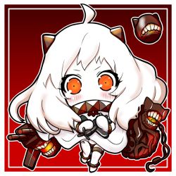 Rule 34 | 10s, 1girl, abyssal ship, ahoge, aircraft, airplane, anklet, black panties, blush, chibi, colored skin, covering own mouth, dress, eruru (erl), highres, holding, horns, jewelry, kantai collection, legband, long hair, lots of jewelry, machinery, mittens, northern ocean princess, orange eyes, pale skin, panties, solo, turret, underwear, white dress, white hair, white mittens, white skin