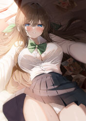 Rule 34 | 1girl, black skirt, blue eyes, blush, bow, bowtie, bra visible through clothes, breasts, button gap, cleavage, collared shirt, commentary request, green bow, green bowtie, green ribbon, hair between eyes, hair ribbon, highres, large breasts, long hair, lying, on back, on bed, original, panties, photo (object), piyopoyo, pleated skirt, ribbon, school uniform, shirt, skirt, tearing up, tears, underwear, white panties, white shirt