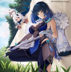 Rule 34 | 2girls, absurdres, against wall, bare shoulders, blue dress, blue eyes, blue hair, blue sky, blunt bangs, bob cut, breasts, cape, cleavage, dress, drooling, earrings, fairy, fingerless gloves, genshin impact, gloves, grass, greatodoggo, green eyes, halo, highres, jacket, jewelry, large breasts, long sleeves, looking at viewer, multiple girls, nail polish, paimon (genshin impact), purple nails, short hair, sky, smile, standing, white gloves, white hair, white jacket, yelan (genshin impact)